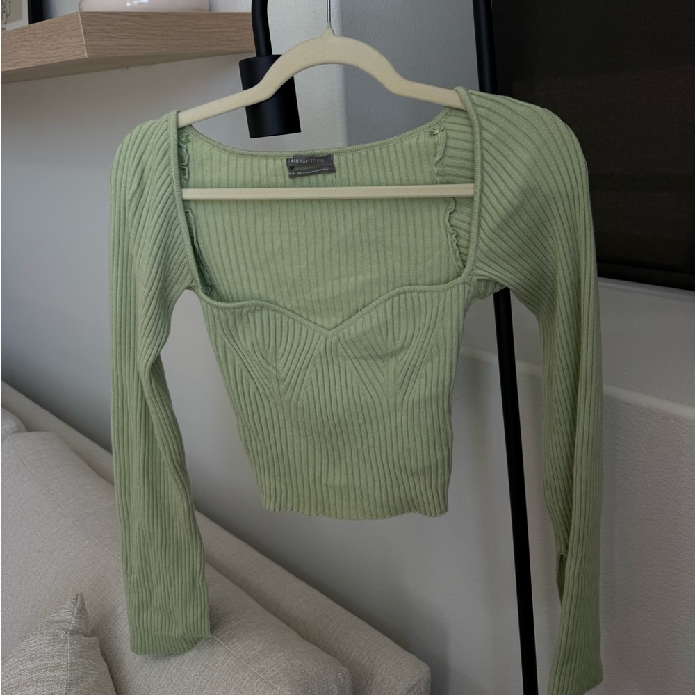 Green Ribbed Long Sleeve Top - urban outfitters
